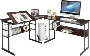 Tangkula 67 Inches L-Shaped Office Desk, Corner Computer Desk with Bottom Bookshelves & CPU Stand, Drafting Drawing Table with Tiltable Desktop, Corner Computer Workstation Home Office Desk