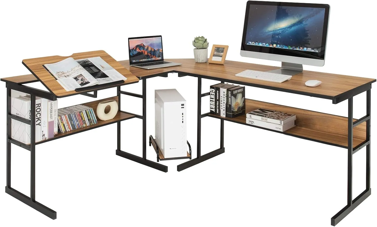 Tangkula 67 Inches L-Shaped Office Desk, Corner Computer Desk with Bottom Bookshelves & CPU Stand, Drafting Drawing Table with Tiltable Desktop, Corner Computer Workstation Home Office Desk
