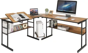 Tangkula 67 Inches L-Shaped Office Desk, Corner Computer Desk with Bottom Bookshelves & CPU Stand, Drafting Drawing Table with Tiltable Desktop, Corner Computer Workstation Home Office Desk