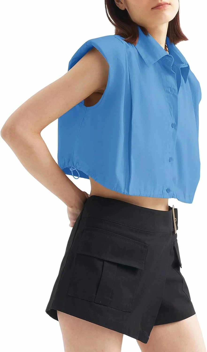 Tankaneo Womens Sleeveless Button Down Shirts Casual Loose V Neck Pad Shoulder Crop Tank Top