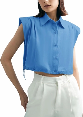 Tankaneo Womens Sleeveless Button Down Shirts Casual Loose V Neck Pad Shoulder Crop Tank Top