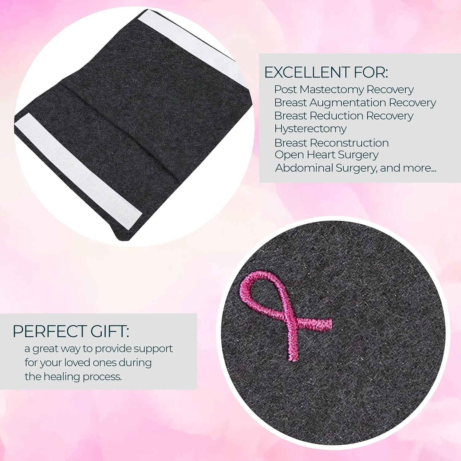 The Breast & Chest Buddy Seatbelt Cushion for Open Heart Surgery and Chest Reconstruction Sites- Charcoal with Small Breast Cancer Ribbon