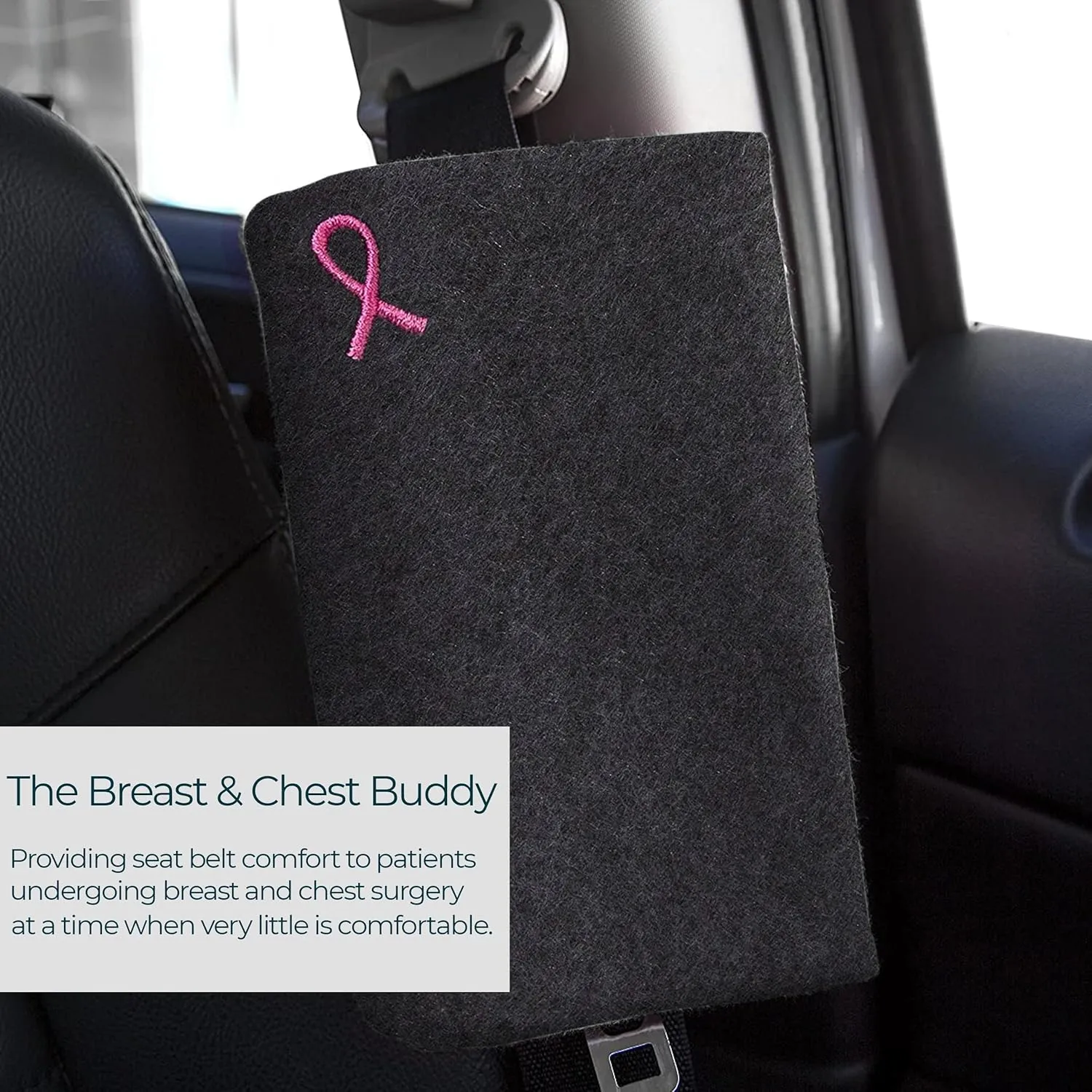 The Breast & Chest Buddy Seatbelt Cushion for Open Heart Surgery and Chest Reconstruction Sites- Charcoal with Small Breast Cancer Ribbon