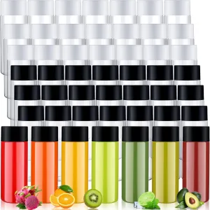 Thenshop 50 Packs 10 oz Plastic Juice Bottle with Caps BPA Free Juicing Bottle Bulk Reusable Drink Container with Leak Proof Lid Clear Sensory Container for Tea Milk Liquid Smoothies (White and Black)