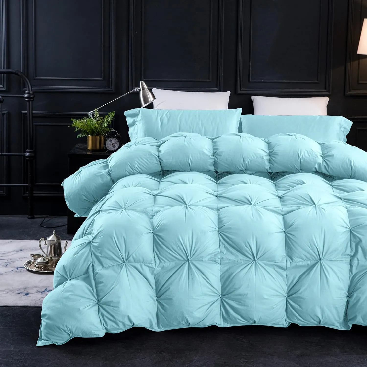 Three Geese Pinch Pleat Waterfowl Feathers and Down Comforter Palatial King Size Duvet Insert,750  Fill Power,1200TC 100% Cotton, Premium All Seasons Aqua-Sky Warm Hotel Comforter with 8 Tabs.