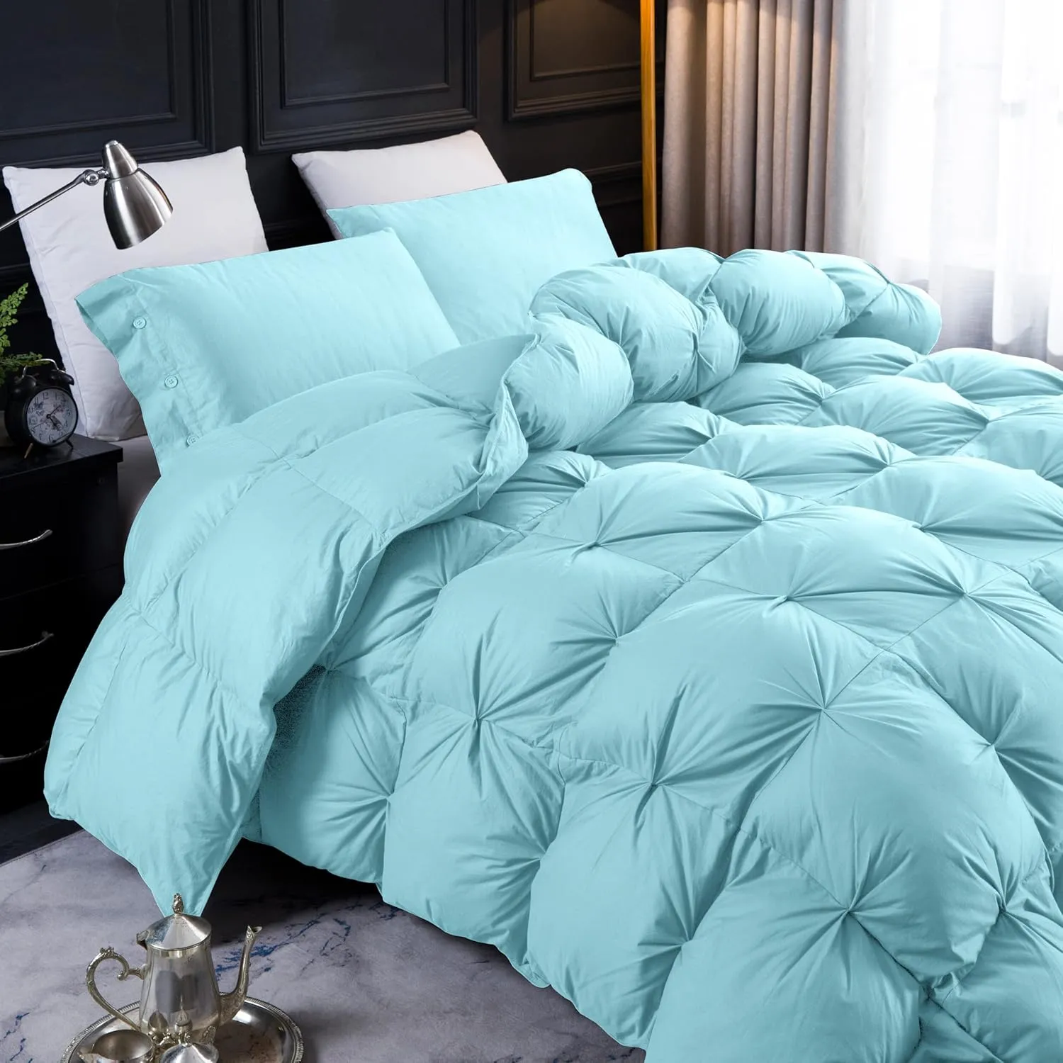 Three Geese Pinch Pleat Waterfowl Feathers and Down Comforter Palatial King Size Duvet Insert,750  Fill Power,1200TC 100% Cotton, Premium All Seasons Aqua-Sky Warm Hotel Comforter with 8 Tabs.