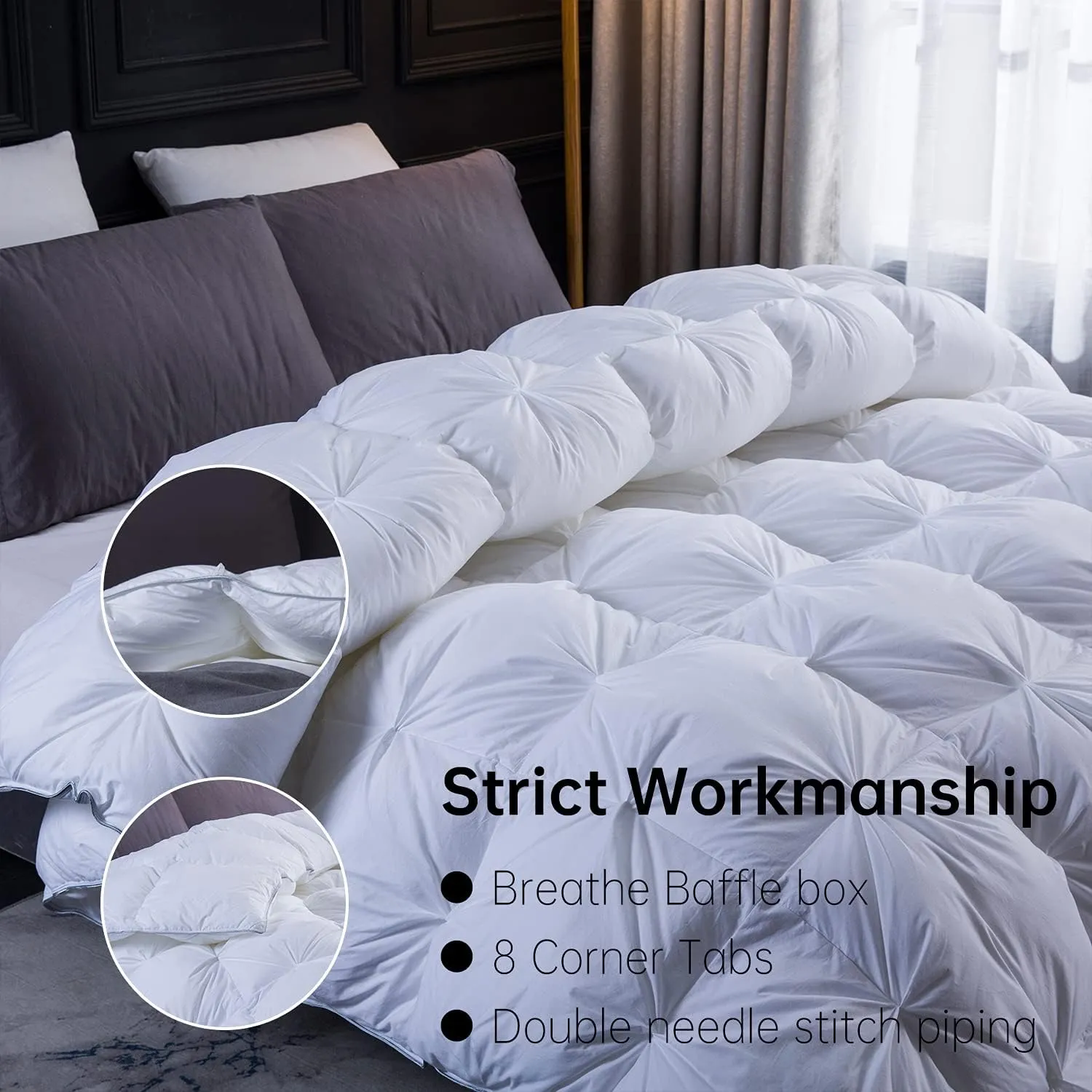 Three Geese Pinch Pleat Waterfowl Feathers and Down Comforter Twin Size Duvet Insert,750  Fill Power,1200TC 100% Cotton, Premium All Seasons White Warm Hotel Comforter with 8 Tabs.