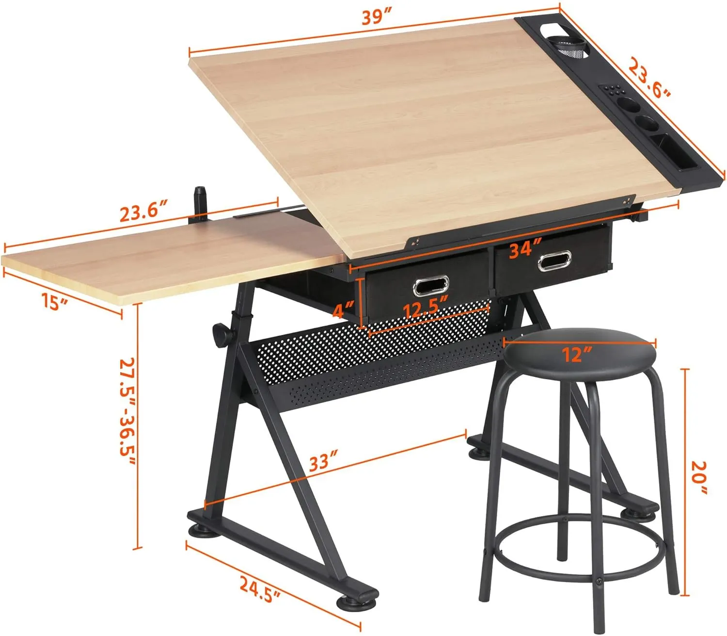 Topeakmart Height Adjustable Drafting Table Drawing Desk Tiltable Tabletop Art Craft Work Station with Stool for Artists Painters Students Adults