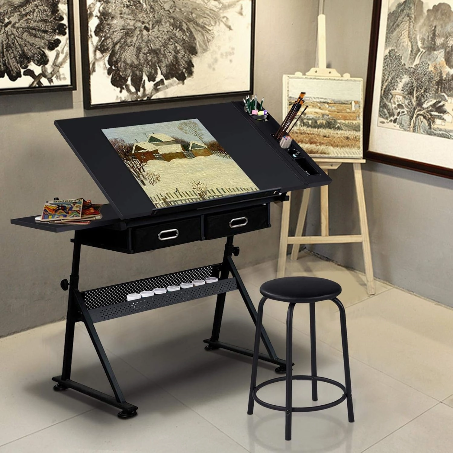 Topeakmart Drafting Table for Artists, Height Adjustable Drawing Draft Desk, Tiltable Tabletop, Art Craft Work Station with Extra Board for Diamond Painting Sewing Graphic Designere