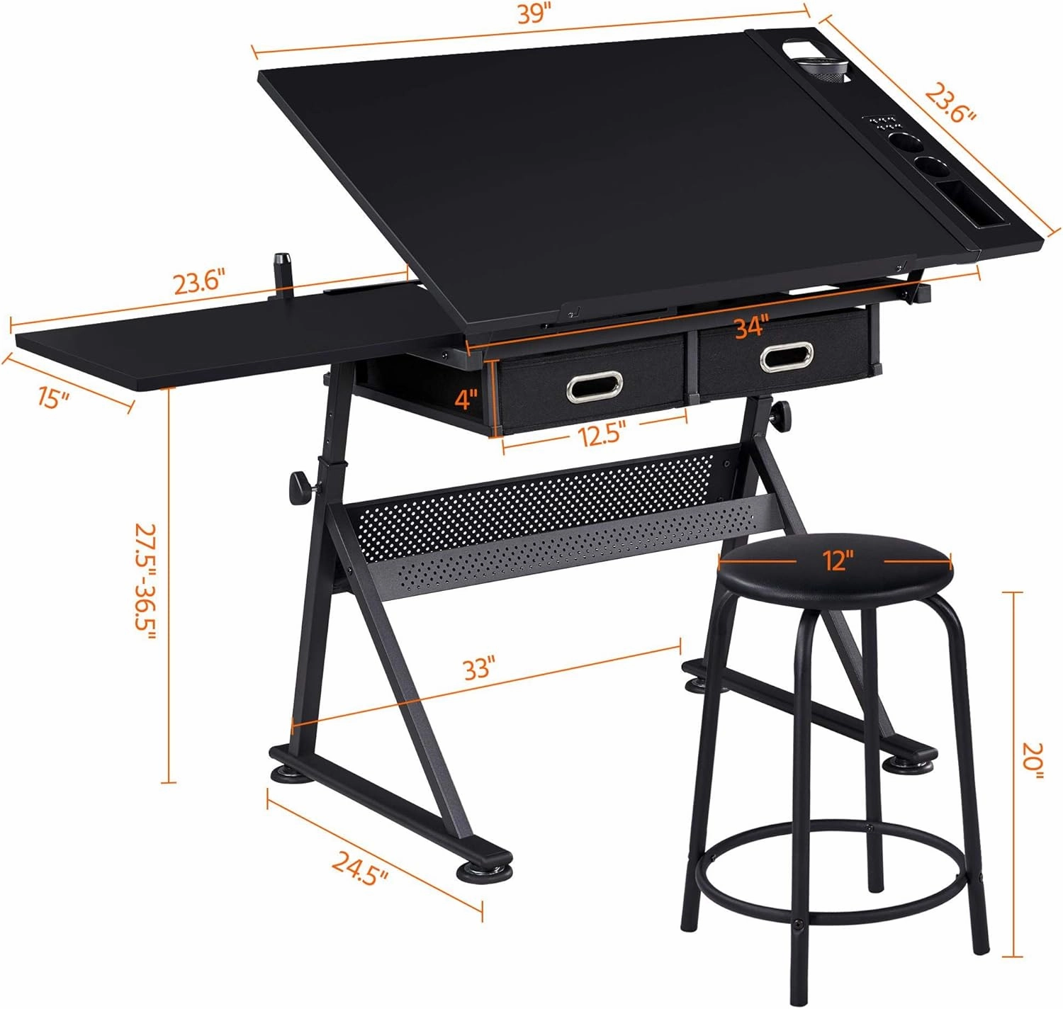 Topeakmart Drafting Table for Artists, Height Adjustable Drawing Draft Desk, Tiltable Tabletop, Art Craft Work Station with Extra Board for Diamond Painting Sewing Graphic Designere