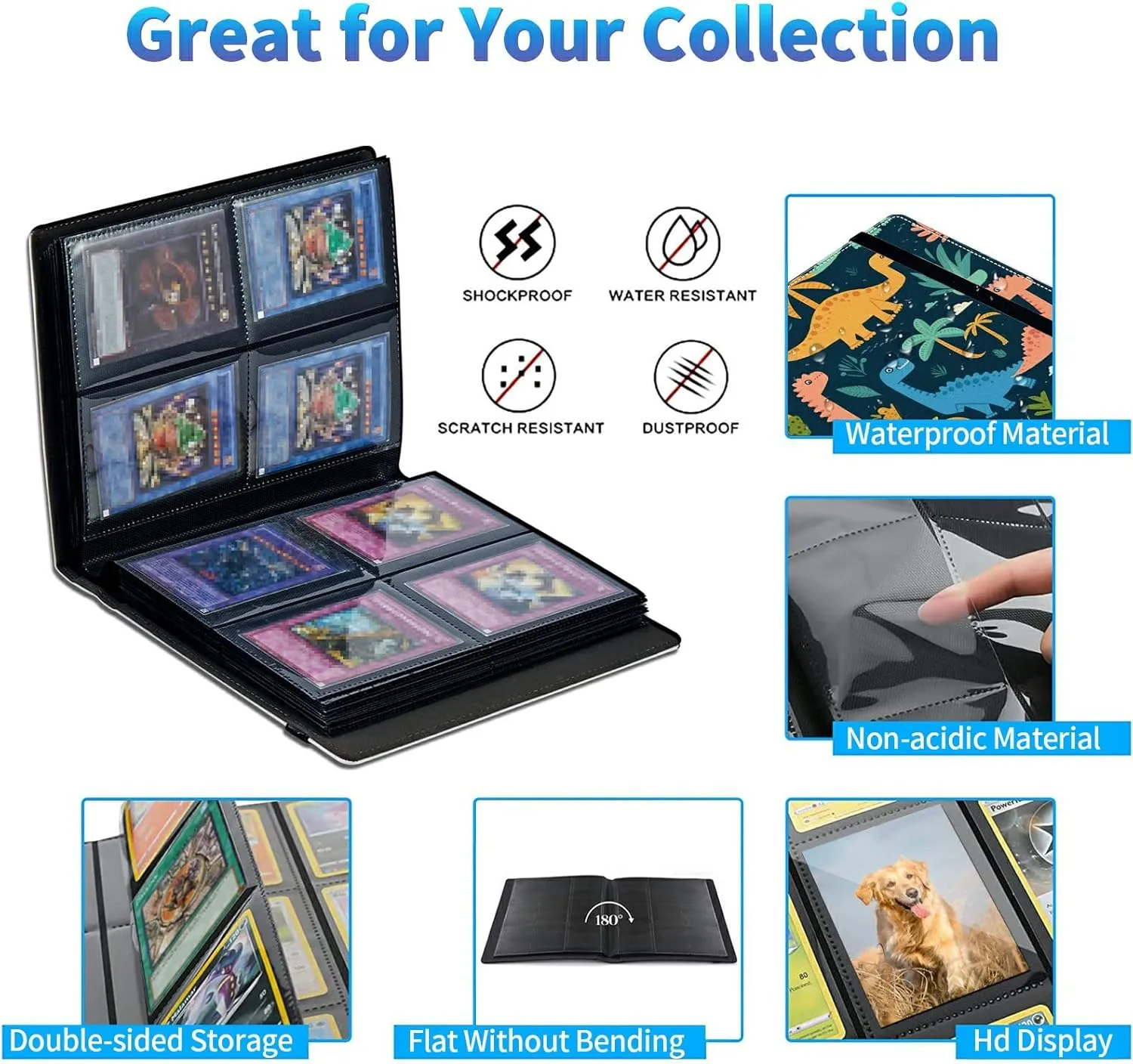 Trading Card Binder With 50 Sleeves, 4 Pocket Waterproof Book Holder Fits 400 Cards, for Football, Pet Pictures, Side Loading - Colorful Dinosaurs and Palm Trees