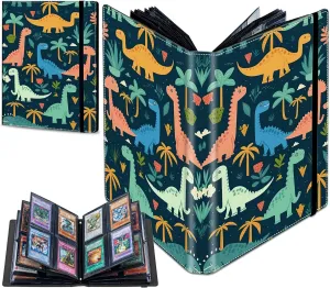 Trading Card Binder With 50 Sleeves, 4 Pocket Waterproof Book Holder Fits 400 Cards, for Football, Pet Pictures, Side Loading - Colorful Dinosaurs and Palm Trees
