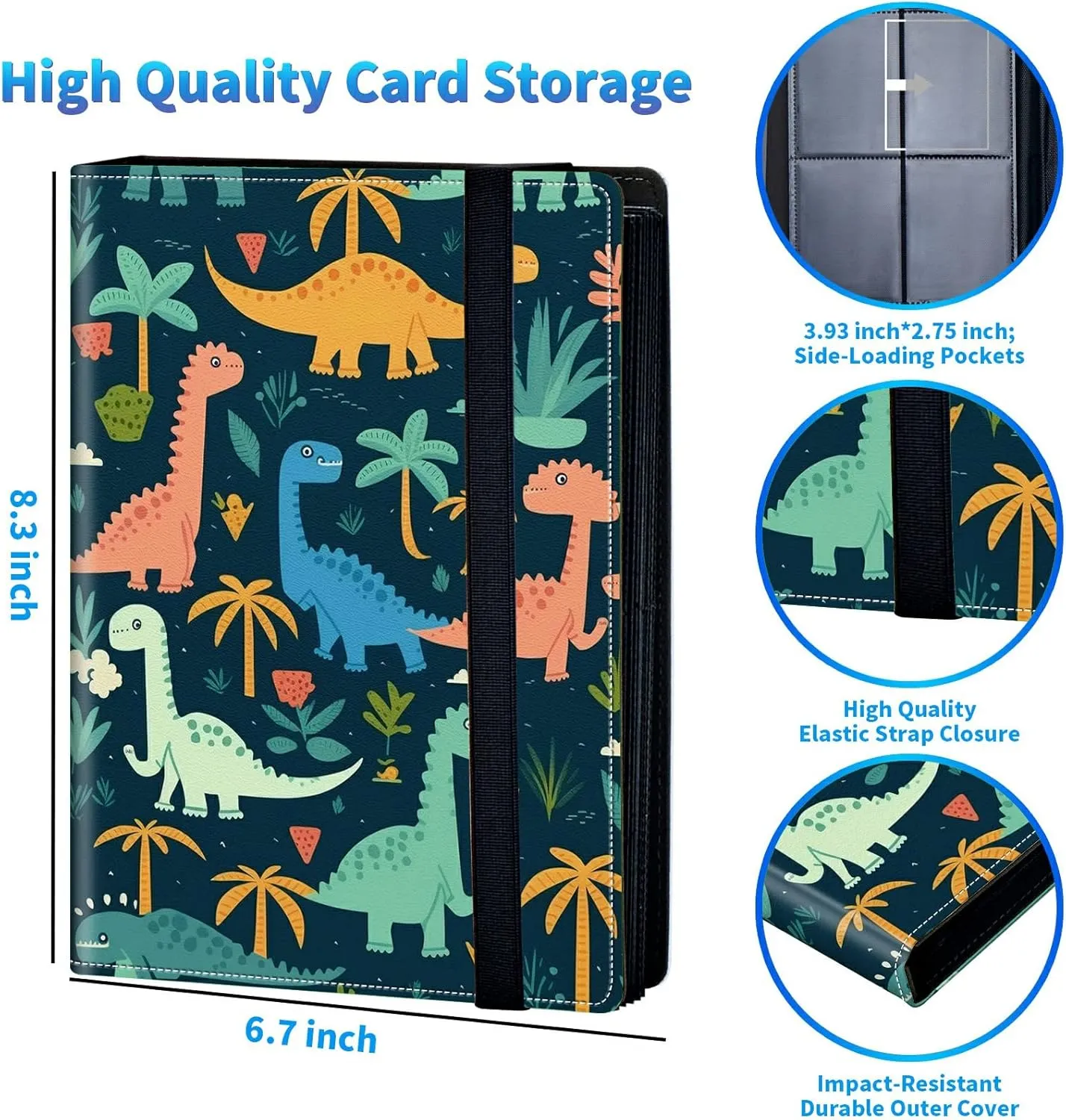 Trading Card Binder With 50 Sleeves, 4 Pocket Waterproof Book Holder Fits 400 Cards, for Football, Pet Pictures, Side Loading - Colorful Dinosaurs and Palm Trees