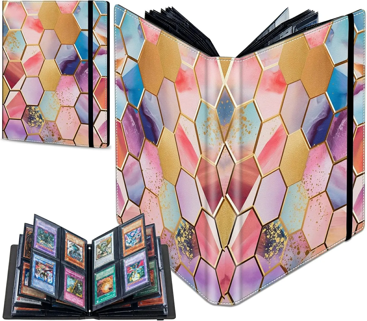 Trading Card Binder with 50 Sleeves, 4 Pocket Waterproof Card Book Holder Fits 400 Cards for Trading Cards, Football Cards, Pet Picture, Side Loading, Colorful Hexagons