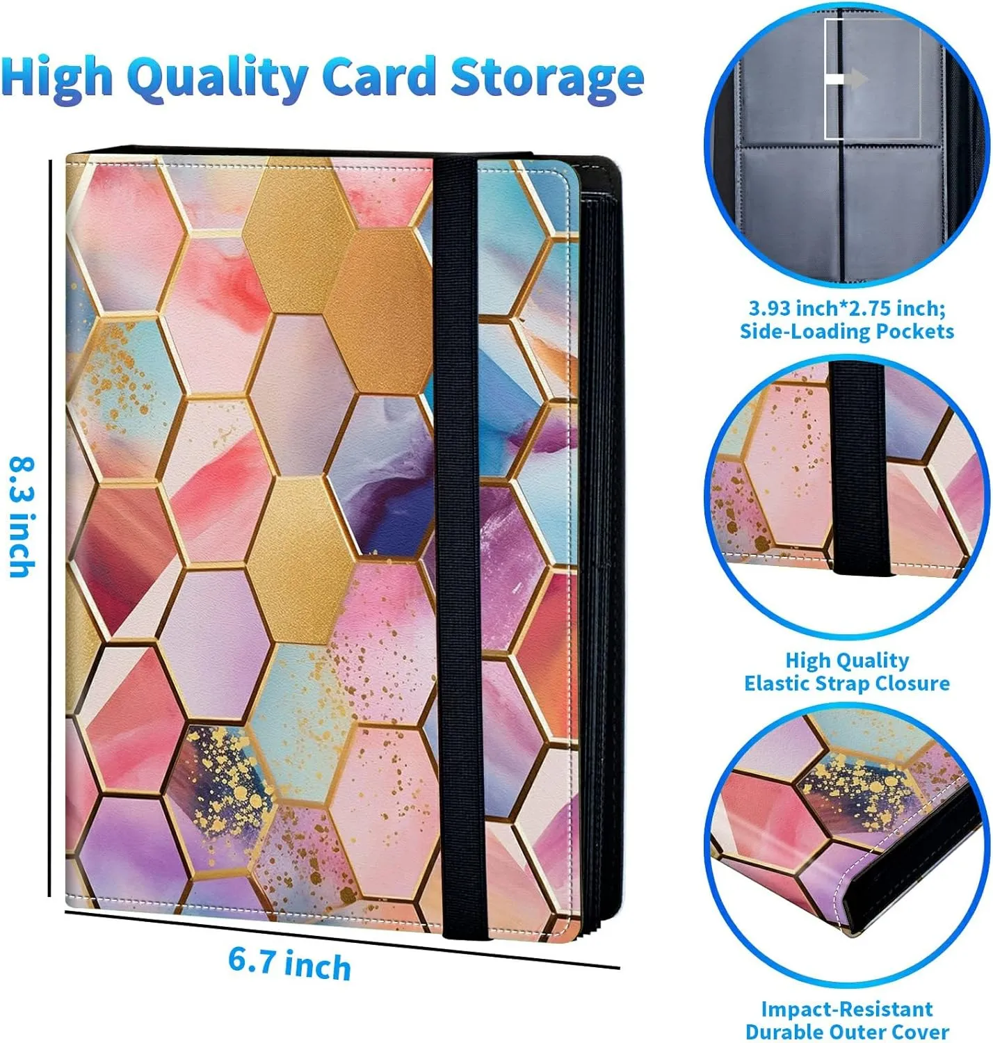Trading Card Binder with 50 Sleeves, 4 Pocket Waterproof Card Book Holder Fits 400 Cards for Trading Cards, Football Cards, Pet Picture, Side Loading, Colorful Hexagons