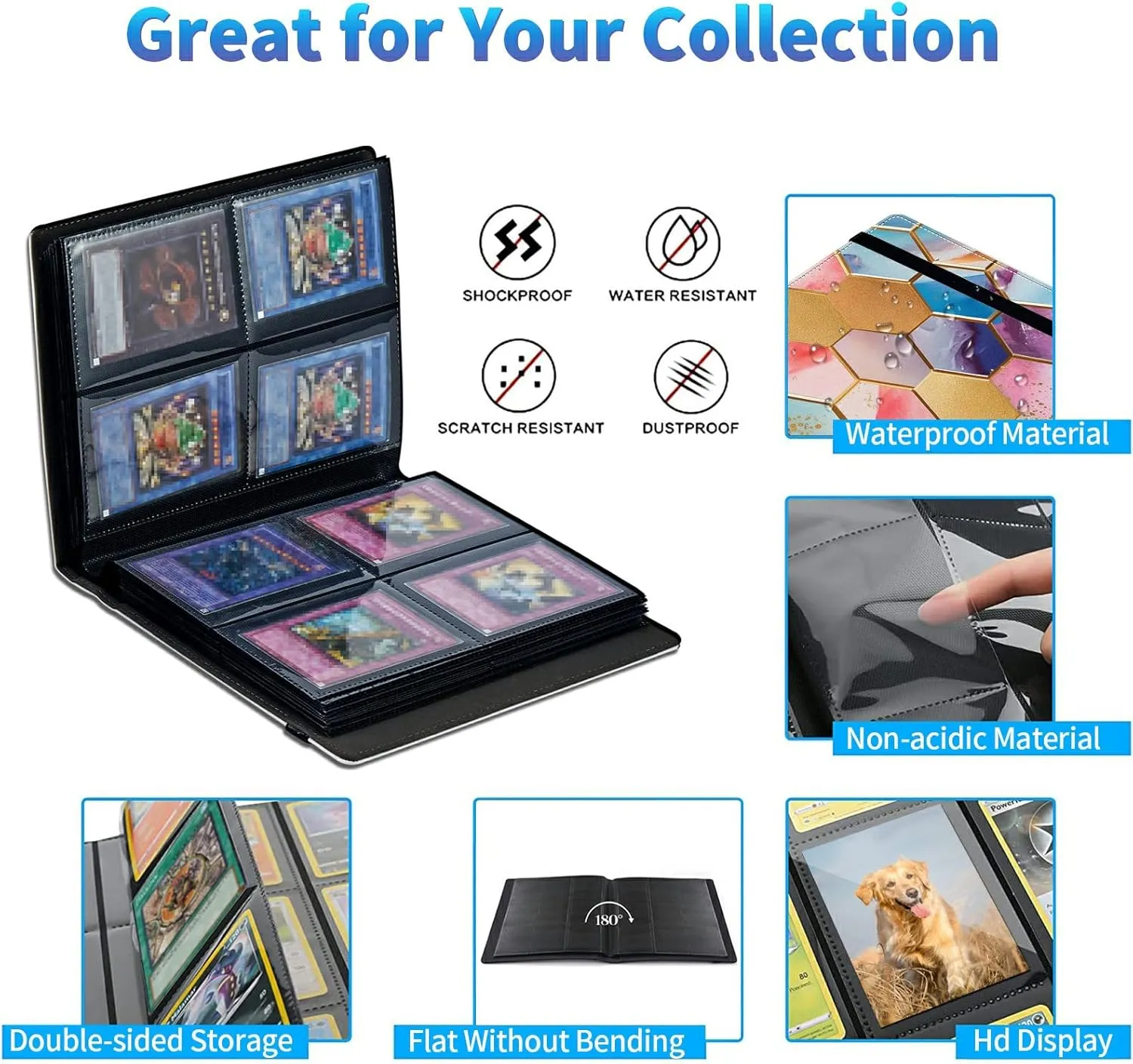 Trading Card Binder with 50 Sleeves, 4 Pocket Waterproof Card Book Holder Fits 400 Cards for Trading Cards, Football Cards, Pet Picture, Side Loading, Colorful Hexagons