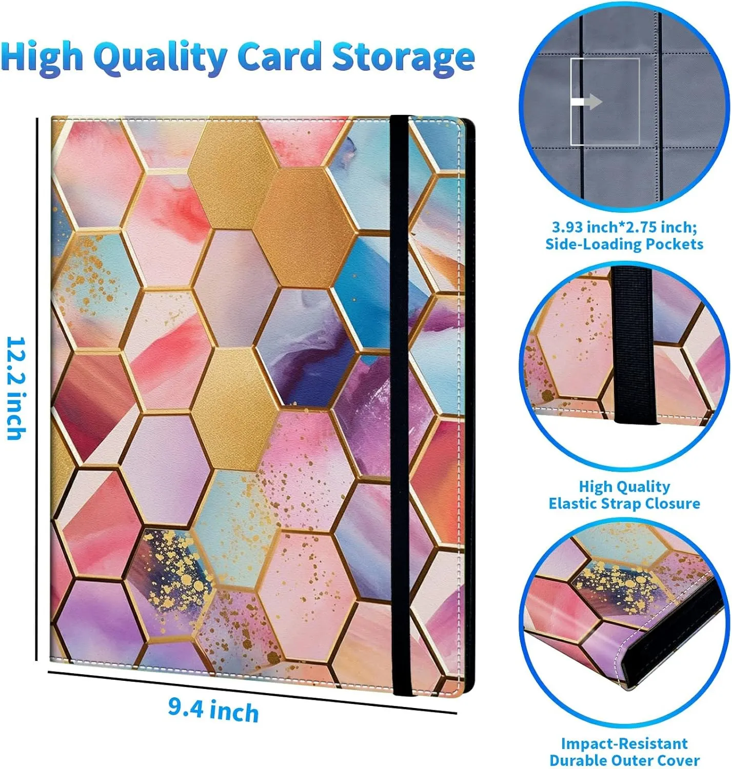 Trading Card Binder with 50 Sleeves, 9 Pocket Waterproof Card Book Holder Fits 900 Cards for Trading Cards, Football Cards, Pet Picture, Side Loading, Colorful Hexagons