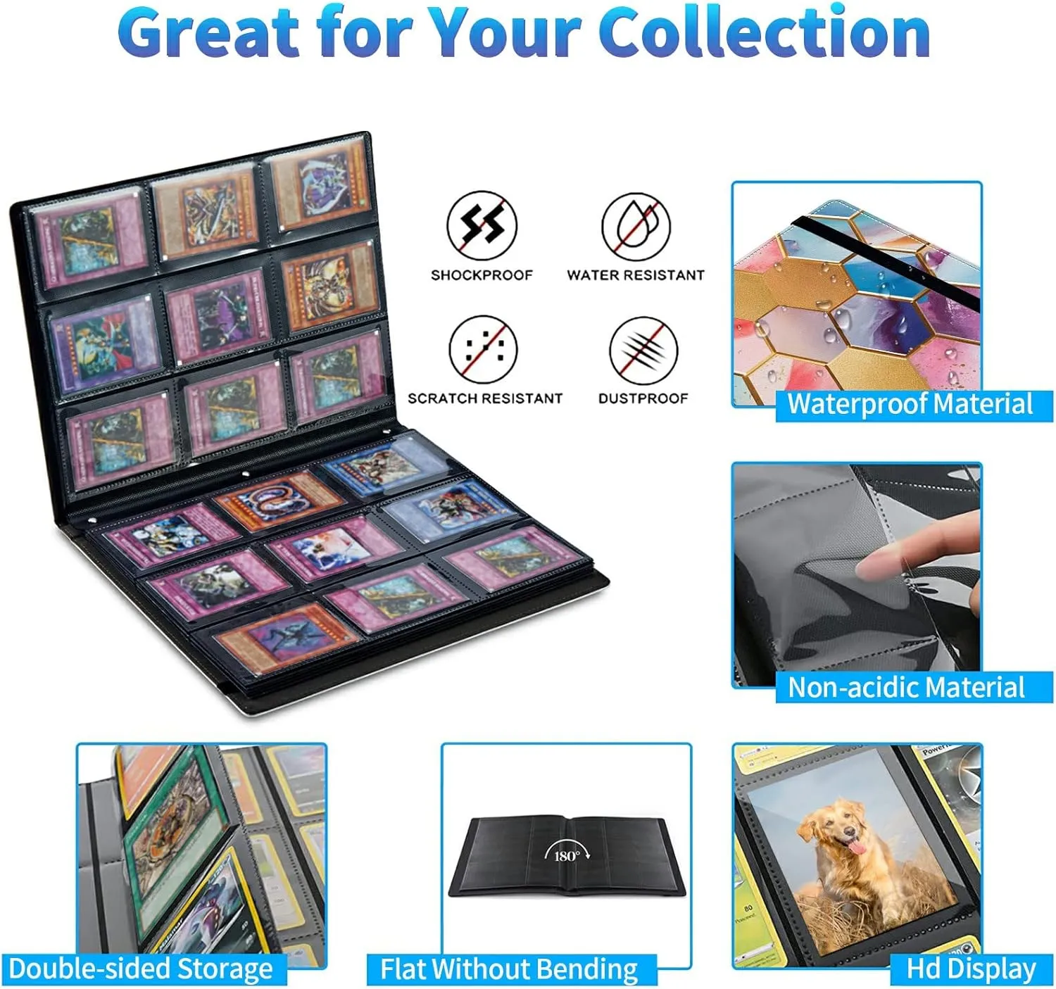 Trading Card Binder with 50 Sleeves, 9 Pocket Waterproof Card Book Holder Fits 900 Cards for Trading Cards, Football Cards, Pet Picture, Side Loading, Colorful Hexagons