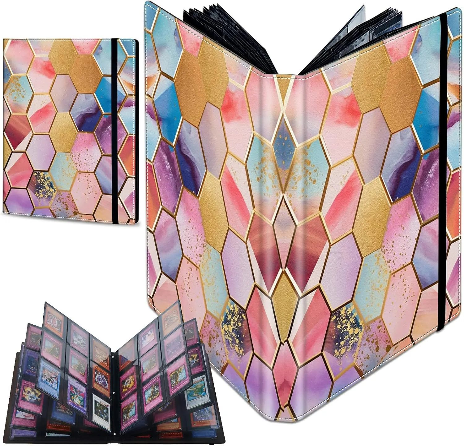 Trading Card Binder with 50 Sleeves, 9 Pocket Waterproof Card Book Holder Fits 900 Cards for Trading Cards, Football Cards, Pet Picture, Side Loading, Colorful Hexagons