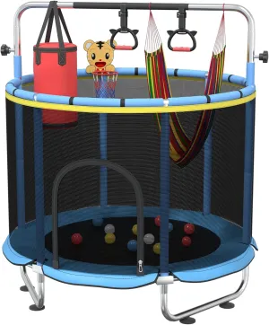 Trampoline for Kids Indoor/Outdoor, 60" Toddler Trampoline with Adjustable Gymnastics Bar, No-Gap Safe Design Playset with 7 Toys for Boys & Girls,Small Center for Kids Jump