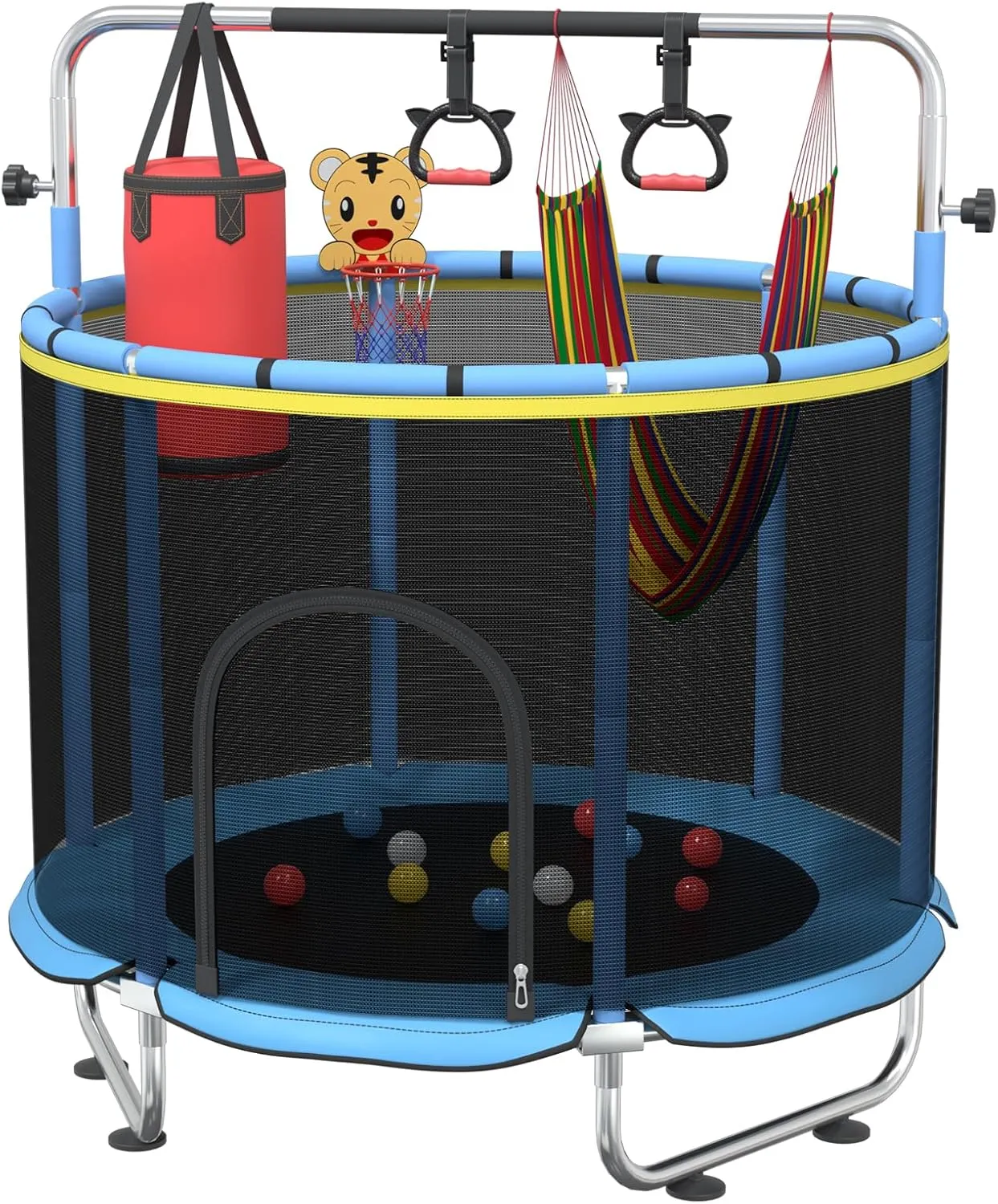 Trampoline for Kids Indoor/Outdoor, 60" Toddler Trampoline with Adjustable Gymnastics Bar, No-Gap Safe Design Playset with 7 Toys for Boys & Girls,Small Center for Kids Jump