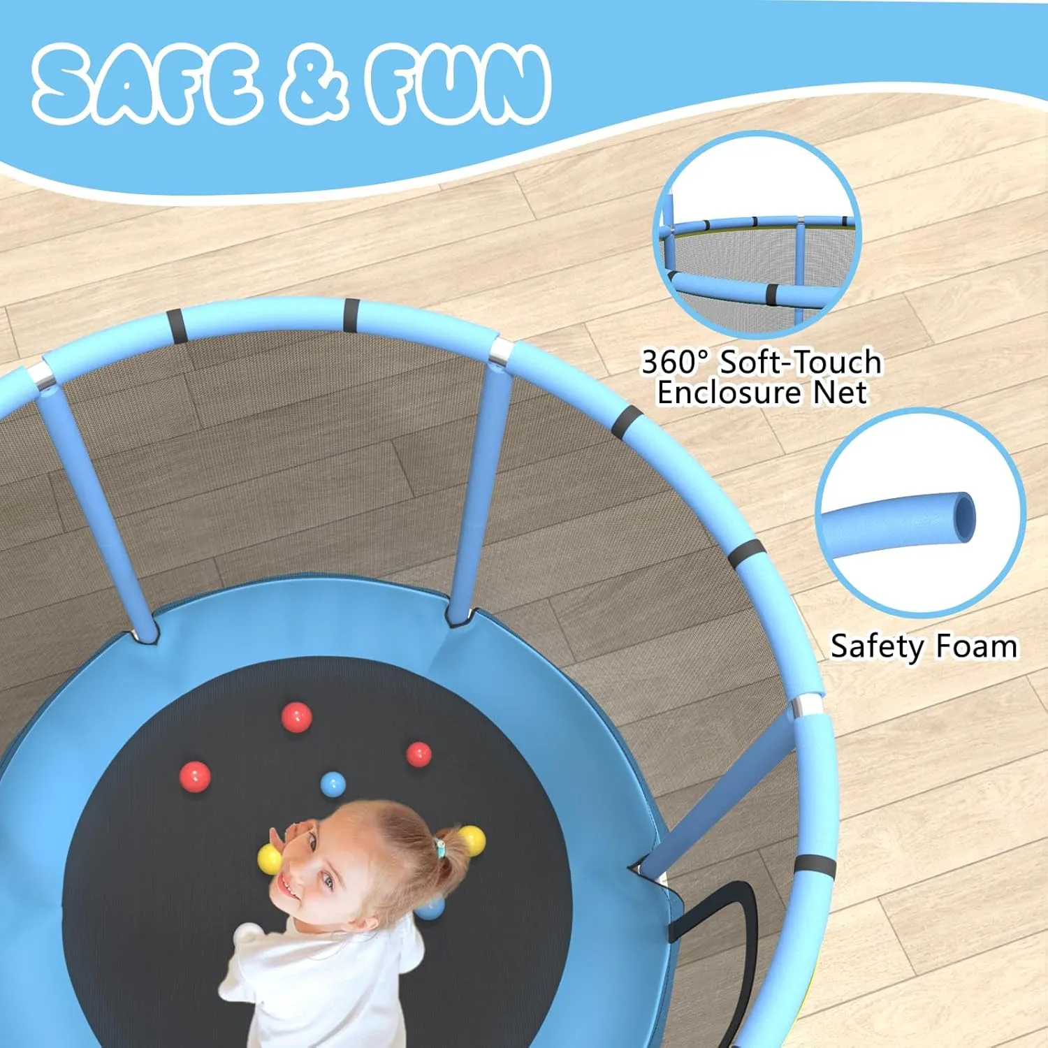 Trampoline for Kids Indoor/Outdoor, 60" Toddler Trampoline with Adjustable Gymnastics Bar, No-Gap Safe Design Playset with 7 Toys for Boys & Girls,Small Center for Kids Jump