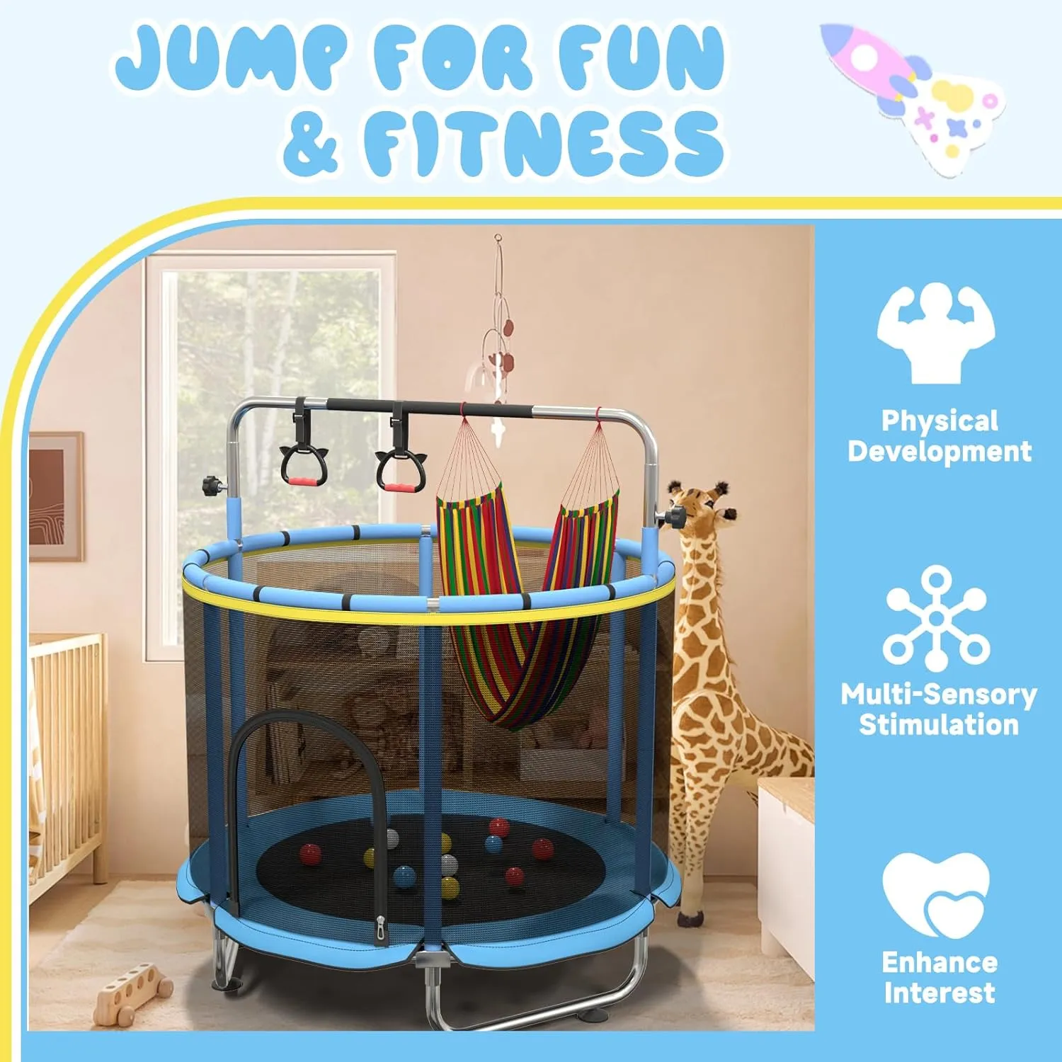 Trampoline for Kids Indoor/Outdoor, 60" Toddler Trampoline with Adjustable Gymnastics Bar, No-Gap Safe Design Playset with 7 Toys for Boys & Girls,Small Center for Kids Jump