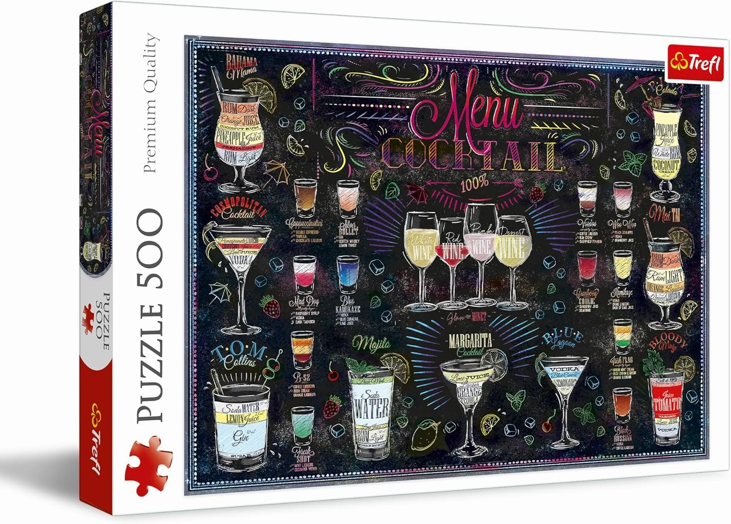 Trefl Cocktail Menu 500 Piece Jigsaw Puzzle Red 19"x13" Print, DIY Puzzle, Creative Fun, Classic Jigsaw for Adults and Children from 10 Years Old