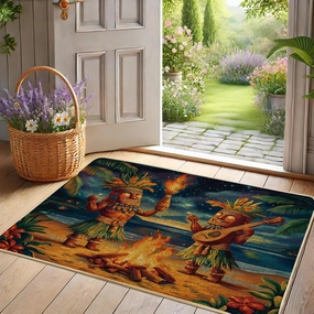 Tropical Tiki Door Mat, Colorful Beach Campfire Doormat for Outdoor & Indoor Entrance Summer Party Decor, Rubber Waterproof Non-Slip Dust Absorbent Front Doormat, Easy Clean 29x17 Inch