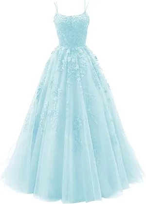 Tulle Lace Appliques Prom Dresses Long Ball Gown for Women Spaghetti Straps Corset Backless Evening Dress