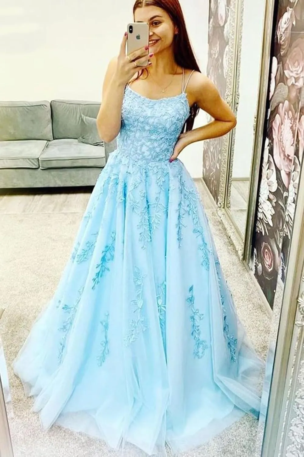 Tulle Lace Appliques Prom Dresses Long Ball Gown for Women Spaghetti Straps Corset Backless Evening Dress