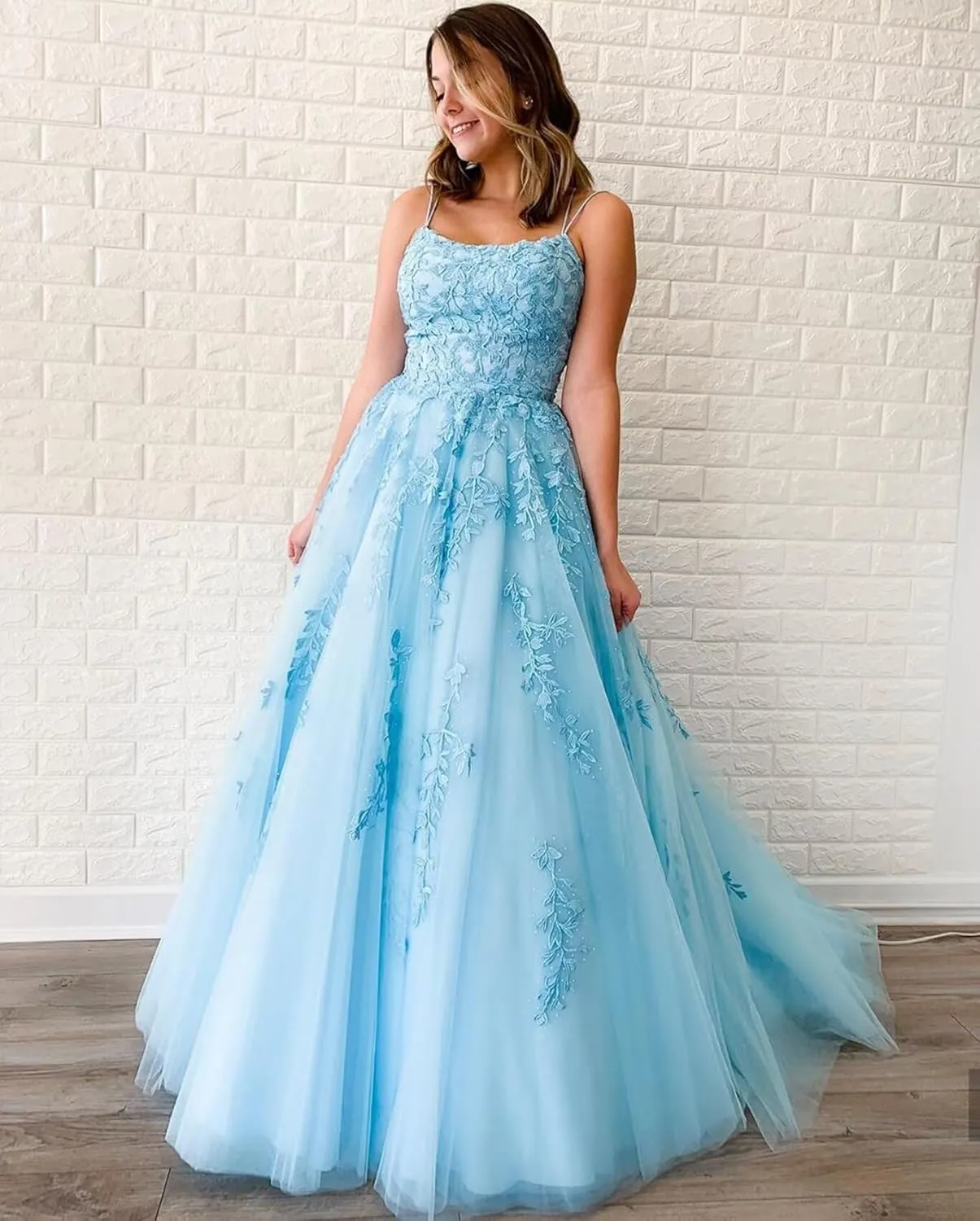Tulle Lace Appliques Prom Dresses Long Ball Gown for Women Spaghetti Straps Corset Backless Evening Dress