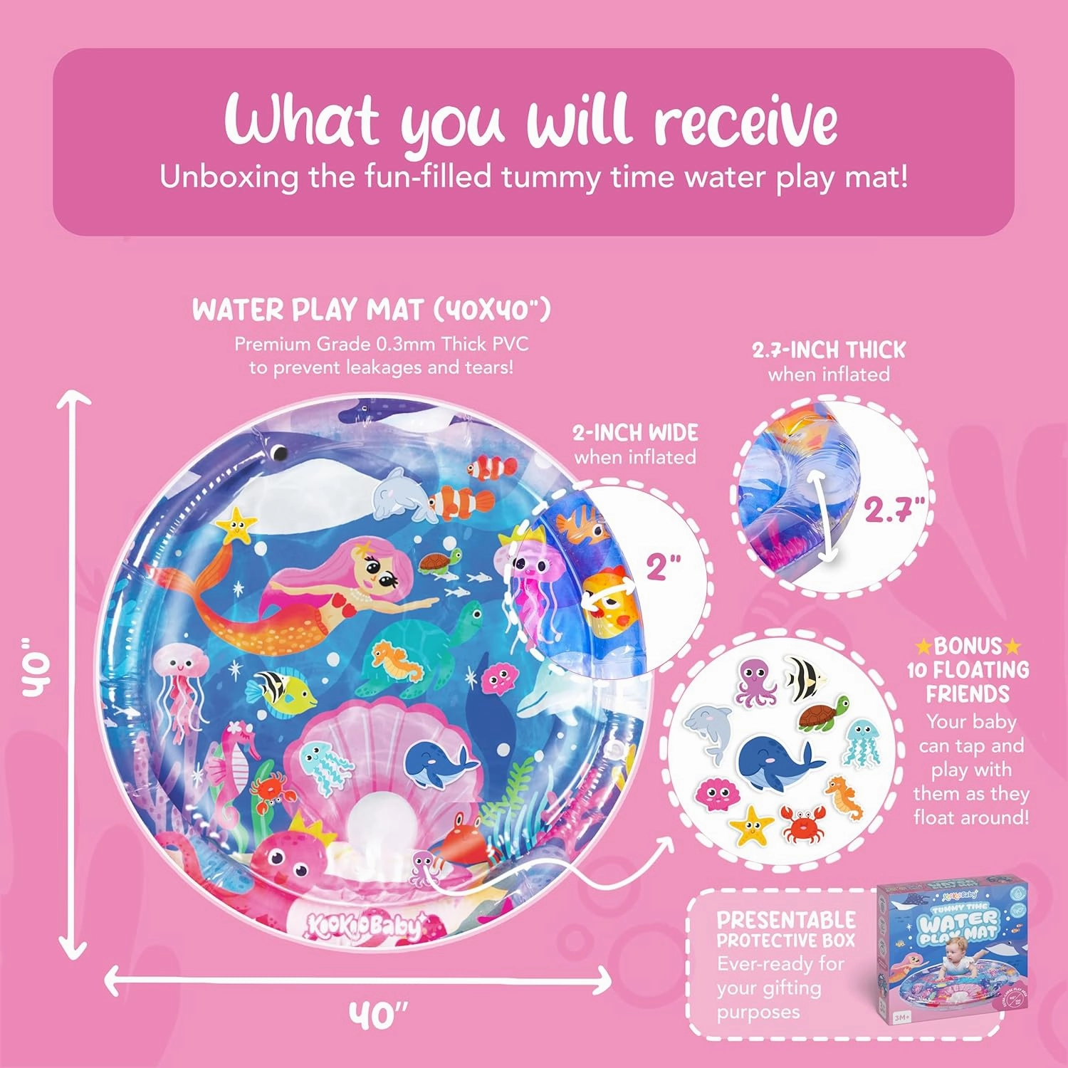 Tummy Time Water Mat for Babies - Xtra Large Sensory Baby Water Mat for Tummy Time & Motor Development - Leak-Proof Water Pad, Durable Infant Water Play Mats for Baby Boys & Girls 3 Months 