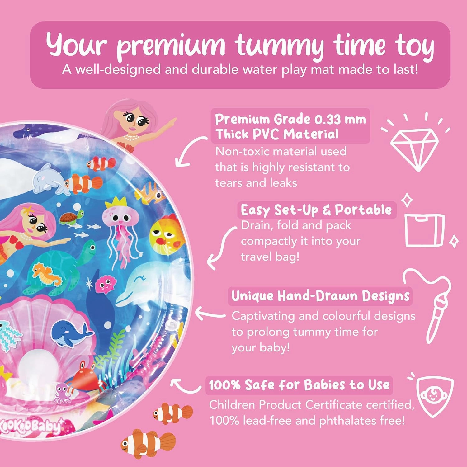 Tummy Time Water Mat for Babies - Xtra Large Sensory Baby Water Mat for Tummy Time & Motor Development - Leak-Proof Water Pad, Durable Infant Water Play Mats for Baby Boys & Girls 3 Months 