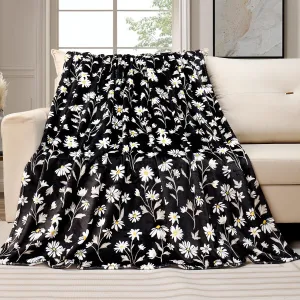 Tupmnbry Daisy Flowers Throw Blanket Wildflowers Floral Blanket Black Super Soft Flannel Fleece Blankets Lightweight Fluffy Plush Bed Blanket for Bedding Sofa and Travel 50"X60"