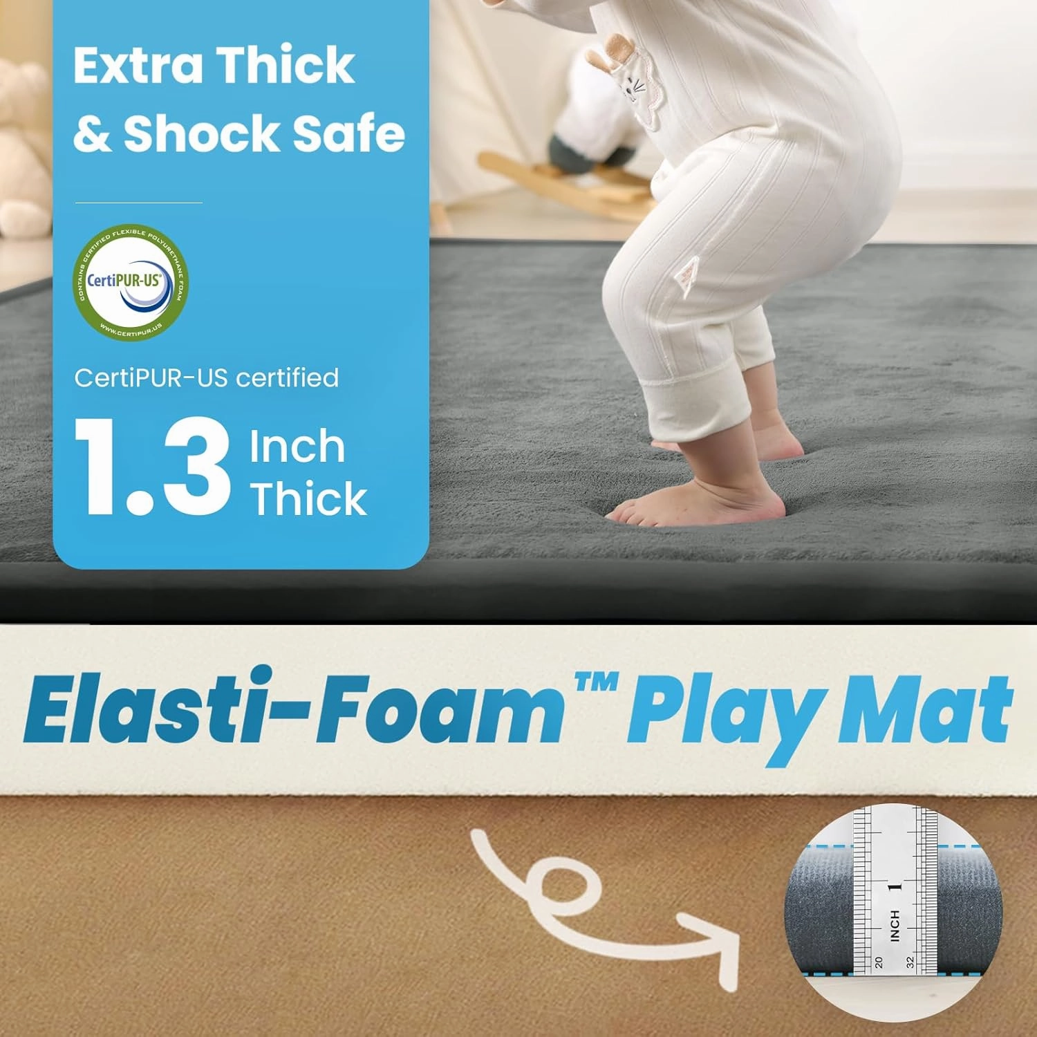 Ultra Soft Baby Play Mat,1.3" Thick Elasti-Foam Tummy Time Mat for Infants,Toddlers,Kids,Water-Repellent Coral Fleece Nursery Rug,Non-Slip Safe for Crawling&Hardwood Floors(Dark Grey)