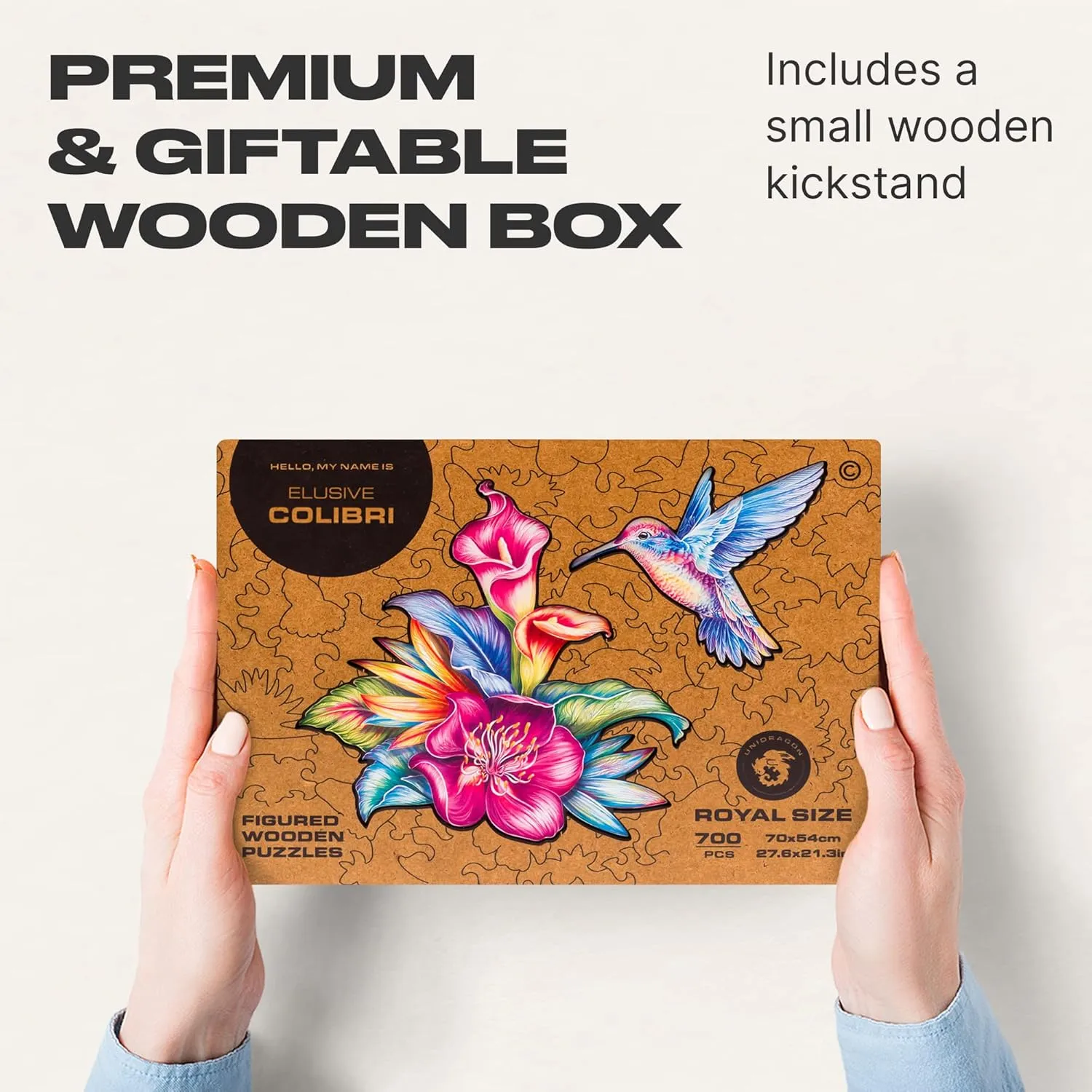 UNIDRAGON Original Wooden Jigsaw Puzzles - Elusive Colibri, 700 pcs, Royal Size 27.6"x21.3", Beautiful Gift Package, Unique Shape Best Gift for Adults and Kids