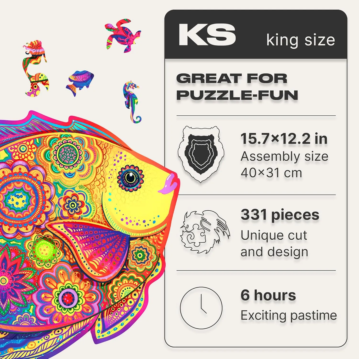 UNIDRAGON Wooden Puzzles for Adults Unique Jigsaw Puzzles - King Size Shining Fish 15.7" х12.2 331 PCS Deko with Cut 0.03 mm Wood Accuracy Animal