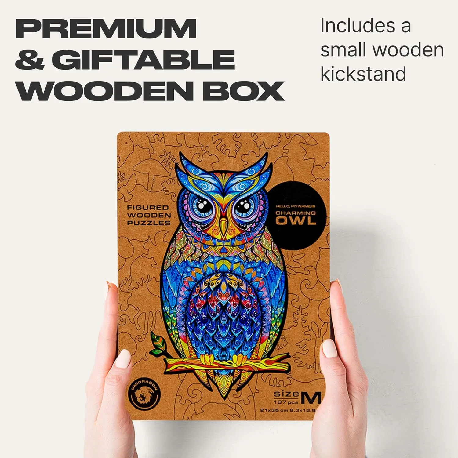 UNIDRAGON Wooden Puzzles for Adults Unique Jigsaw Puzzles - Medium Charming Owl 8.3"x13.8" 186 PCS Deko with Cut 0.03 mm Accuracy Animals