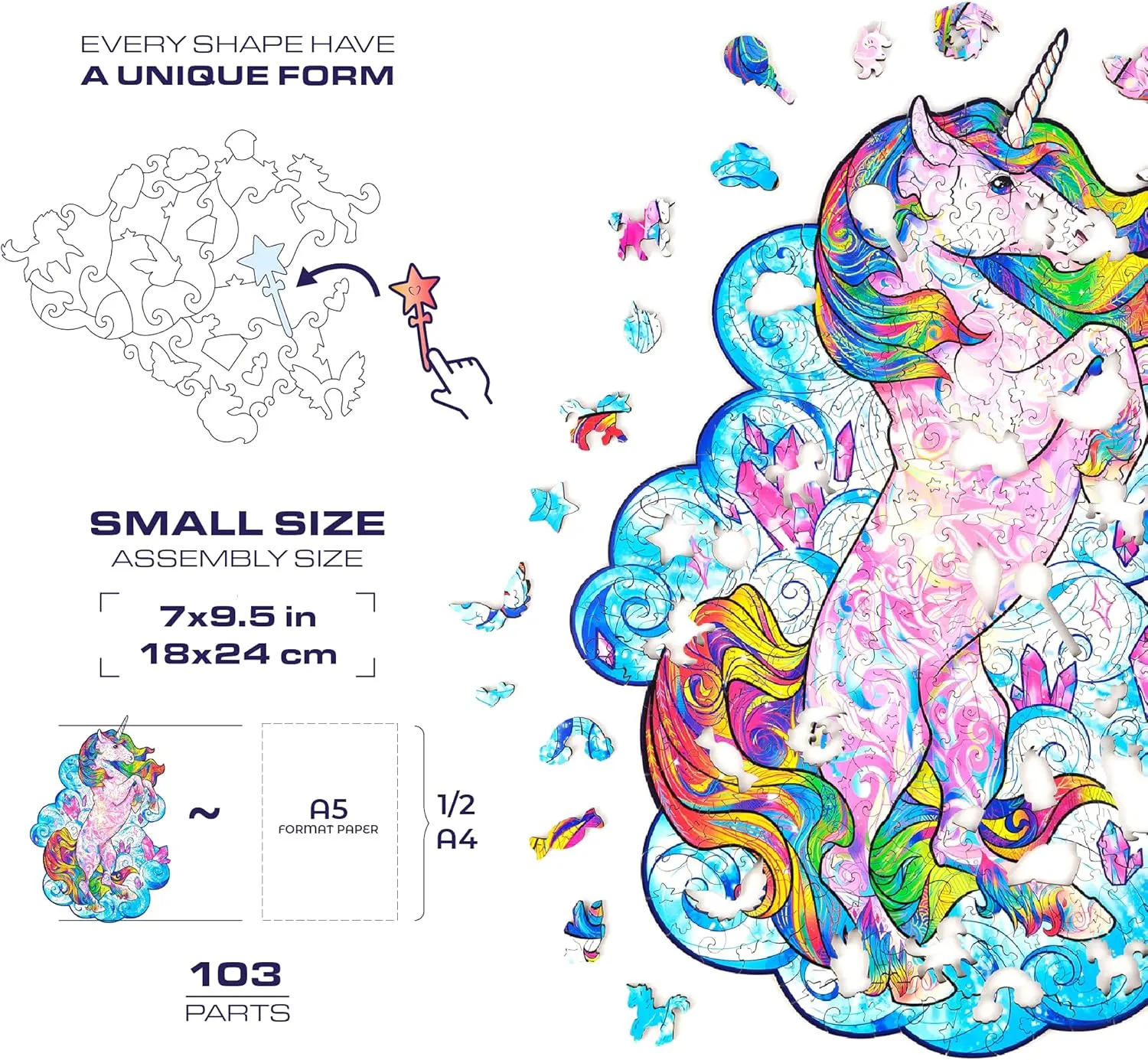 UNIDRAGON Wooden Puzzles for Adults Unique Jigsaw Puzzles - Small Inspiring Unicorn Small 7"x9.5" 103 PCS Deko with Cut 0.03 mm Wood Accuracy Animal