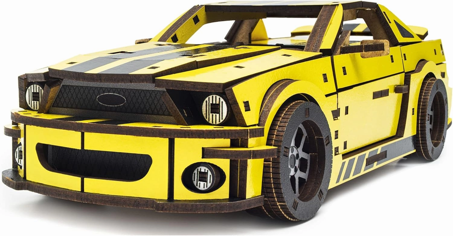 UNIDRAGON Models Wooden 3D-Puzzle - Muscle Car, Stallion GT Yellow, 248 pcs, 10"x8.3"x0.9", Wooden Construction Set, Best Gift for Adults and Kids, Muscle Сar