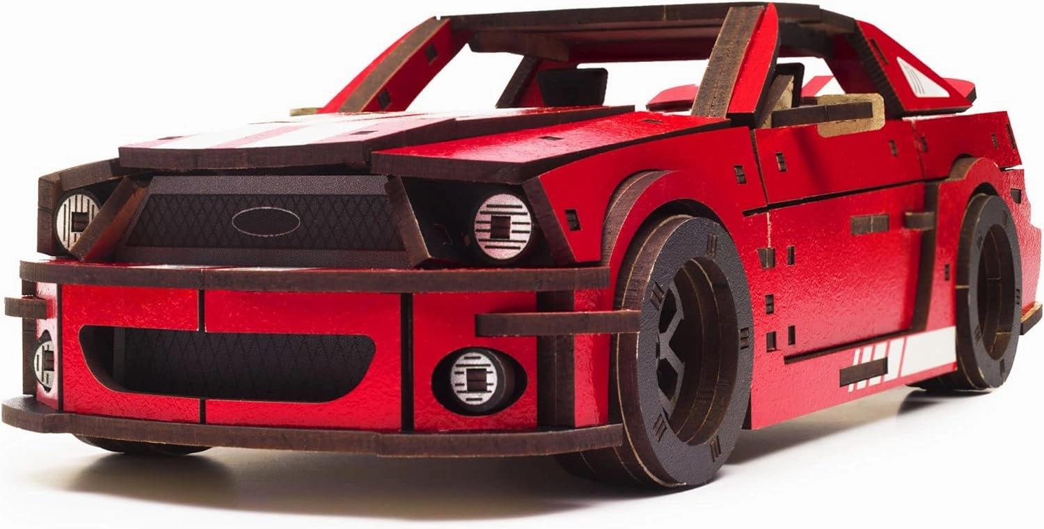 UNIDRAGON Original Models Wooden 3D-Puzzle - Muscle Сar, Stallion GT Red, 248 Pieces, 10"x8.3"x0.9", Wooden Construction Set, Best Gift for Adults and Kids