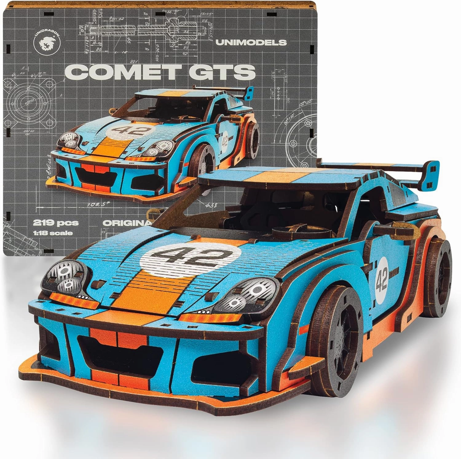 UNIDRAGON Original Wooden Jigsaw Puzzles for Adults Unimodels Comet GTS Blue-Orange 219 Pieces, Car Model, Gift Box, Shaped Pieces