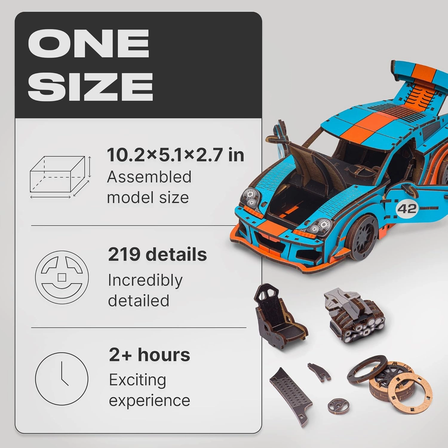 UNIDRAGON Original Wooden Jigsaw Puzzles for Adults Unimodels Comet GTS Blue-Orange 219 Pieces, Car Model, Gift Box, Shaped Pieces