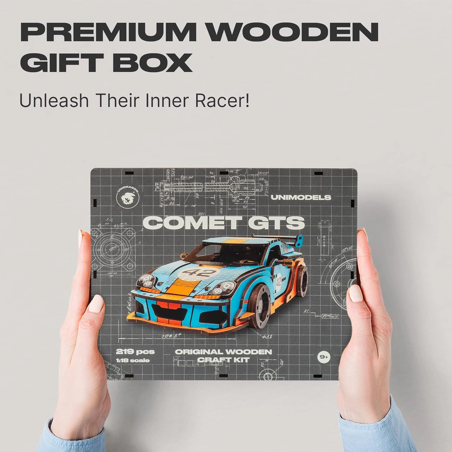 UNIDRAGON Original Wooden Jigsaw Puzzles for Adults Unimodels Comet GTS Blue-Orange 219 Pieces, Car Model, Gift Box, Shaped Pieces