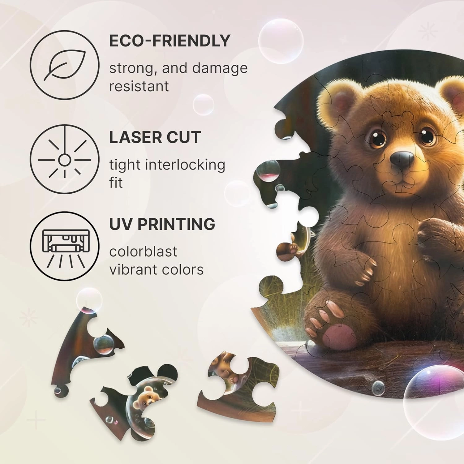 UNIDRAGON Original Wooden Jigsaw Puzzles for Kids Ages 3-5 — Bubblez Bear — 30 Pieces Puzzle Round Shape 9.8×9.8 Inches Toddler Kids Activities Tiny Animals Preschool Toys Brain Teasers