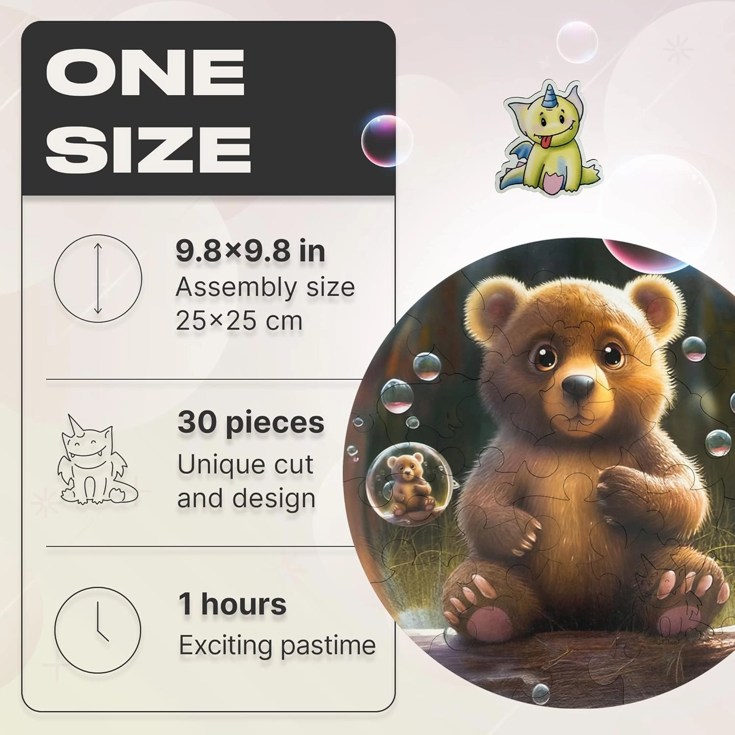 UNIDRAGON Original Wooden Jigsaw Puzzles for Kids Ages 3-5 — Bubblez Bear — 30 Pieces Puzzle Round Shape 9.8×9.8 Inches Toddler Kids Activities Tiny Animals Preschool Toys Brain Teasers
