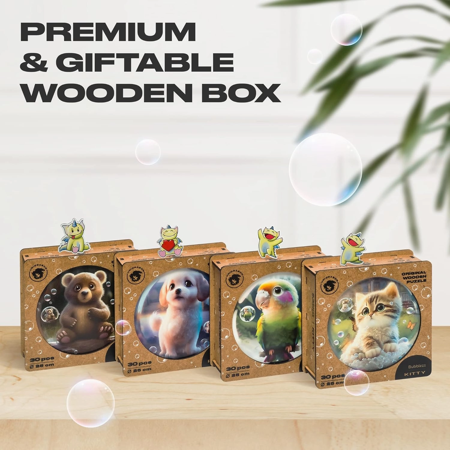 UNIDRAGON Original Wooden Jigsaw Puzzles for Kids Ages 3-5 — Bubblez Bear — 30 Pieces Puzzle Round Shape 9.8×9.8 Inches Toddler Kids Activities Tiny Animals Preschool Toys Brain Teasers