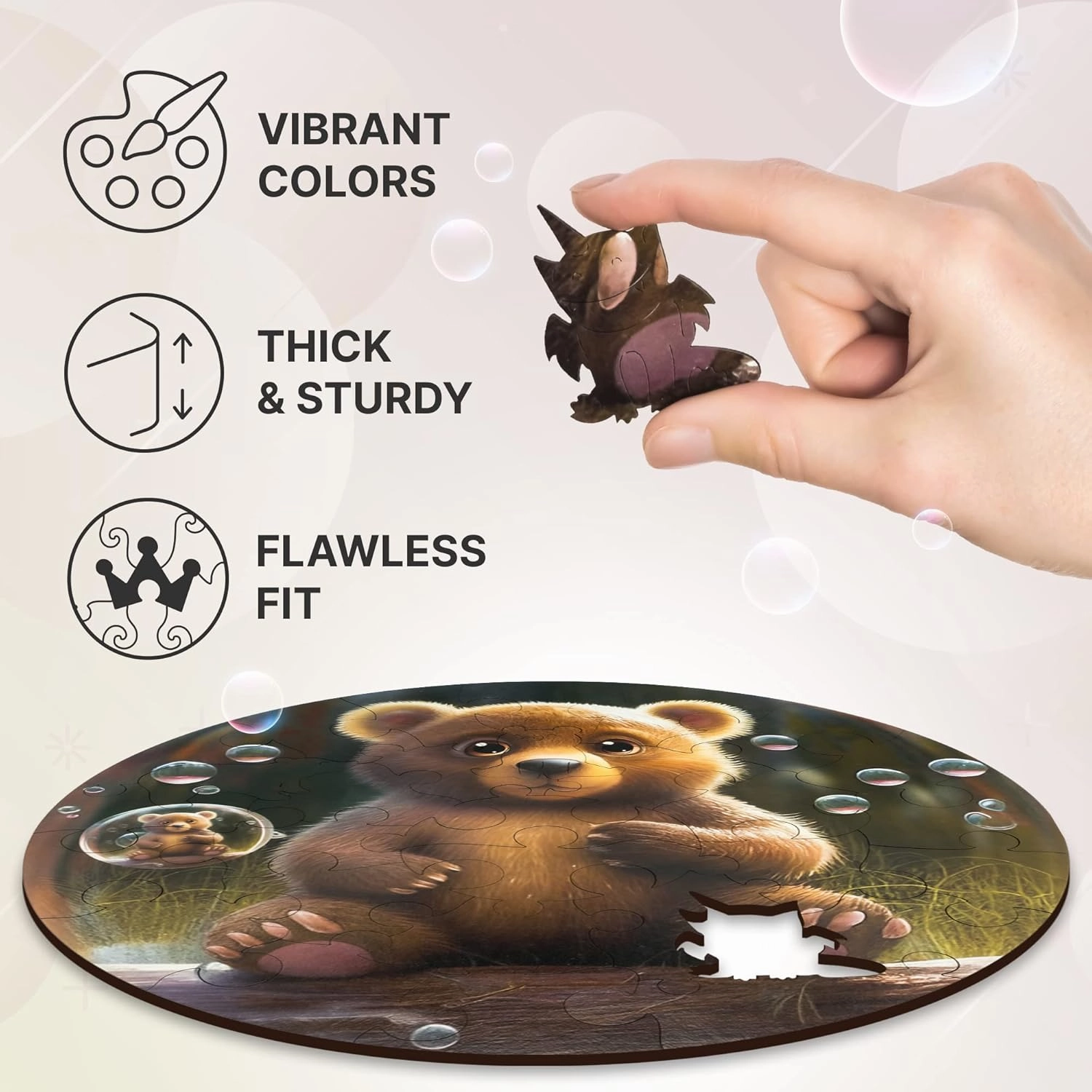 UNIDRAGON Original Wooden Jigsaw Puzzles for Kids Ages 3-5 — Bubblez Bear — 30 Pieces Puzzle Round Shape 9.8×9.8 Inches Toddler Kids Activities Tiny Animals Preschool Toys Brain Teasers