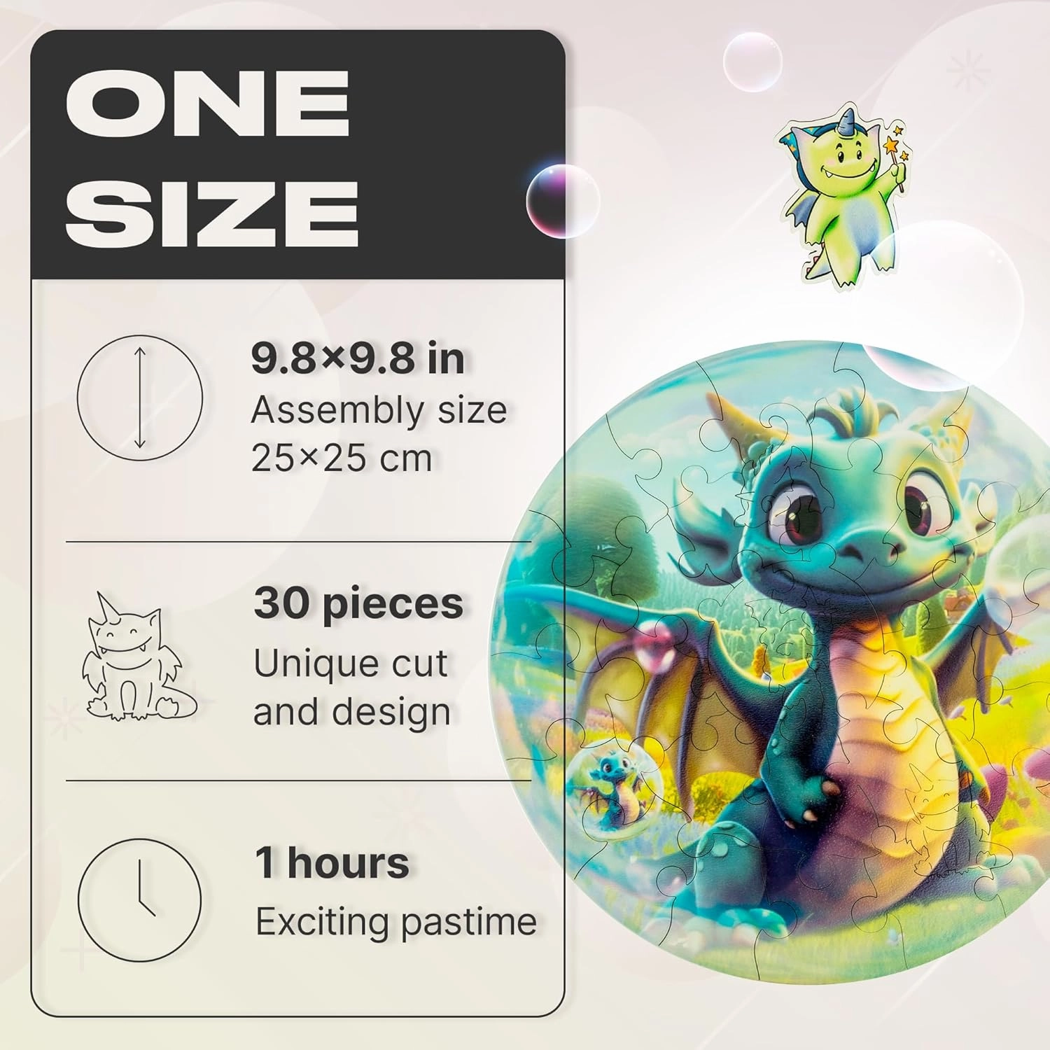 UNIDRAGON Original Wooden Jigsaw Puzzles for Kids Ages 3-5 — Bubblez Dragon — 30 Pieces Puzzle Round Shape 9.8×9.8 Inches Toddler Kids Activities Tiny Animals Preschool Toys Brain Teasers